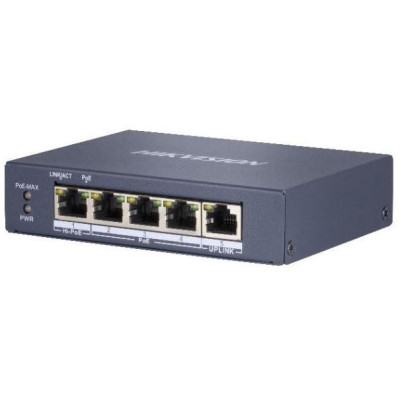 DS-3E0505HP-E - full Gb switch 4x PoE (1x HI-PoE), 1x uplink RJ-45, 60W, dosah až 300m