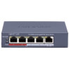 Hikvision DS-3E0105P-E/M(C) -&nbsp;Switch 4x 100TX PoE + 1x 100TX uplink, 45W, Super PoE		Network Ports: 5			PoE porty: 4x 100Mbps RJ45 ports - Long Range až 300m			Uplink Port: 1x 100Mbps Ethernet Port RJ45			Network Protocol: IEEE802.3, 802.3u, 802.3x, 802.3af, 802.3at			Switching Capacity: 1Gbps			Max. Forwarding Rate: 0.74Mpps			High Priority Ports: Port 1			Forwarding Mode: Store-and-forward			MAC Address Table: 1k			Flow Control: IEEE802.3x full duplex			PoE Standard: IEEE802.3af, IEEE802.3at			PoE Power: max. 45W	Ostatní parametry		Napájení: 54&nbsp;VDC, 0,92A; napájecí zdroj v balení			Spotřeba energie: max 50W			Přepěťová ochrana: 6KV			Pracovní teplota: -10°C -&nbsp;55°C			Pracovní vlhkost: 5% - 95% , non-condensing			Hmotnost: 0.2kg			Rozměry: 121&nbsp;x 28&nbsp;x 83mm
