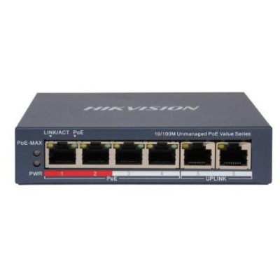 DS-3E0106P-E/M(B) - Switch 4x 100TX PoE, 2x 100TX uplink, 35W, Super PoE