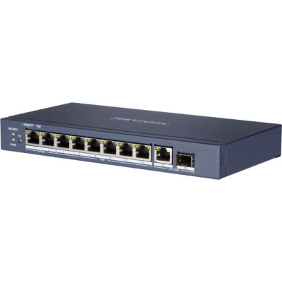 DS-3E0510HP-E - full Gb switch 8x PoE (2x HI-PoE), 1x uplink RJ-45 + 1x uplink SFP, 110W, dosah až 300m