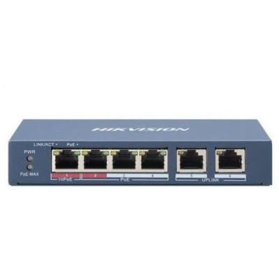 DS-3E1106HP-EI - Smart switch 1x 100TX HI-PoE + 3x 100TX PoE, 2x 100TX uplink, 60W, Super PoE