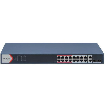 DS-3E1318P-EI(B) - Smart managed switch 16x100TX PoE + 2x Gb Uplink Combo port, 230W, Super PoE- dosah až 300m