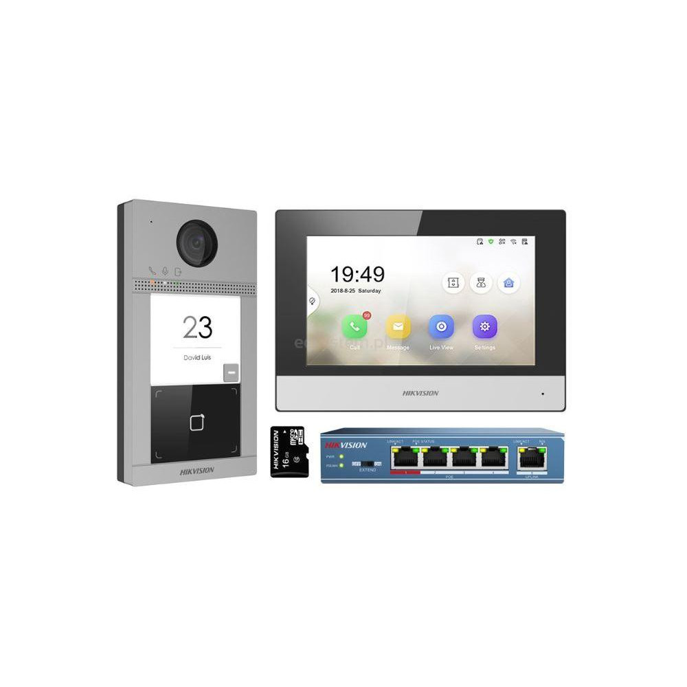 DS-KIS604-S(C) - Kit IP videotelefonu, bytový monitor + dveřní stanice + switch + microSD
