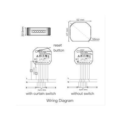 WM-108B-MS - 2 kanálový mini WiFi spínač posuvu závěsů nebo rolet,, AC 90-250V, Total 10A